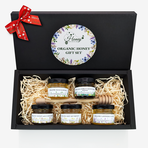 Organic mini Honey Gift set with wooden drizzler 5 x 40g